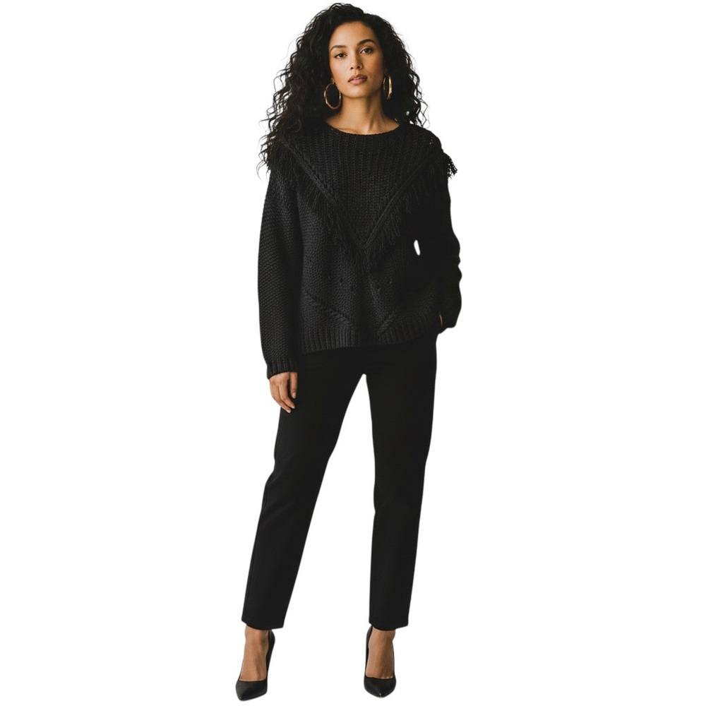 aracters)
1. Black Chunky Knit Sweater w/ Fringe V-Detail | Boho  Pullover